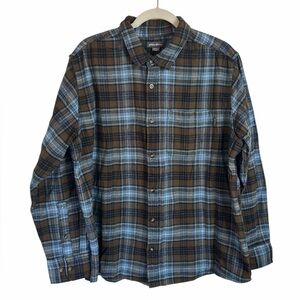Eddie Bauer Blue & Brown Plaid Long Sleeve Flannel Button Up Mens Sz XL